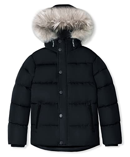 Maoo Garden Boys Winter Coats Kids Puffer Fake Down Jacket Fleece Lined Fur Hooded Snow Anorak Black 13-14Y #TOP25