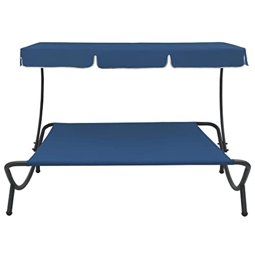 Cama de salón al aire libre con toldo azul y tumbonas para jardín 4