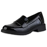  VAN HILL Damen Loafers Slippers Blockabsatz Lack Trendy Schuhe 840419 212678 Schwarz Lack 39