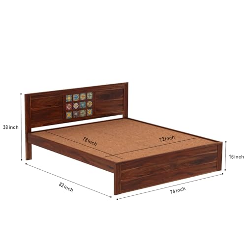 Image of Sheesham Wood King Size Bed Without Storage | Wooden Bed King Size Double Cot Palang Bed for Bedroom | Tile Design Headboard Bed for Living Room | Walnut Finish