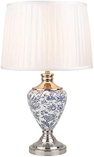 Lighting Supermarket Hepburn Large Ceramic Table Lamp with Matching Shade - Modern White, Blue, Silver Print Design