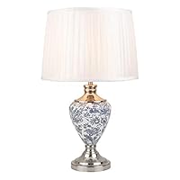 Lighting Supermarket Hepburn Large Ceramic Table Lamp with Ivory Pleated Shade - Modern White, Blue Silver