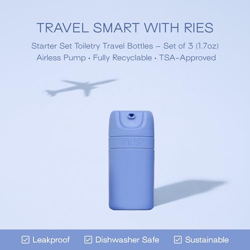 Image of RIES Airless Pump Travel Bottles | Set of 3 Tsa Approved Leak Proof Containers | 1.7 oz BPA Free Refillable Travel Size Bottles | Runway Blue
