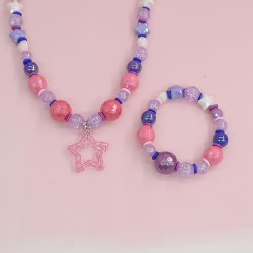 Little Girls Jewelry Sets Kids Jewelry Beaded Necklace Bracelet with Pink Star Pendant Stretchy Chunky Costume Jewelry Gift Party Favors for Girls Toddler4