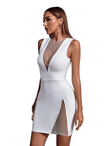 Uonbox Women's Bandage V Neck Bodycon Sleeveless Split Mini Party Club Dress White L #TOP2