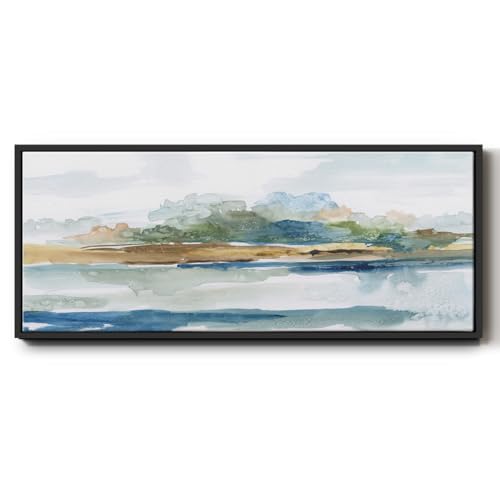 Renditions Gallery Floater Frame Nature Artwork A Multi Watercolor Depiction of Waterscape Canvas Wall Art Decoration for Bedroom Office Resturant - 12"X30" BLACK Frame GAL032