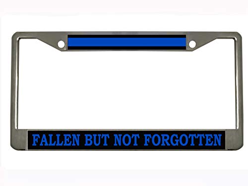 Fallen But Not Forgotten - Thin Blue Line Police Design Metal License Plate Frame Personalized/Car Accessories Car Tag Holder Cover (Chr/Black/LimeBlue)