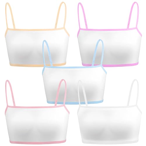 5pcs Girls Cotton Training Crop Bra, Camisole Style Lightweight Seamless Kids Sports Bra, Training Strap Bra with Elastic Shoulder Suitable for Schoolgirls, Comfortable Clothes for Kids