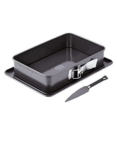 Dr. Oetker Kleine Rechteck-Springform 28 x 18 cm BACK SPASS und Kuchenlöser, rechteckige Backform mit emailliertem Servierboden, Blechkuchenform mit Auslaufschutz, Grau-Braun, Menge: 1 x 2er Set