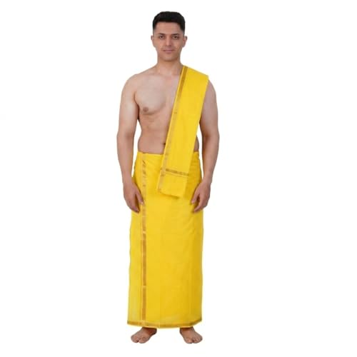 Image of PRAKASAM COTTON Mens Colour Jari Cotton dhoti and Angavastram Set (1.30X2.00 Meter Dhoti, 36X1.80 towel)