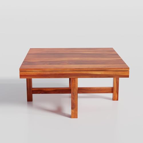 Image of Solid Sheesham Wood Coffee Table with 4 Stool | Center Table with 4 Stools for Living Room | Rosewood Teapoy Table with Cushioned Stool (Traditional,Honey Finish)