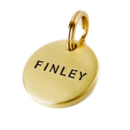Brass Dog Tags Personalized for Pets, Handcrafted Name Tag, Durable Solid Brass, Deep Engraved, Round and Diamond Shapes, Phone Number on Back (Round)