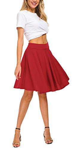 Image of EXCHIC Women's Casual Stretchy Flared Mini Skater Skirt Basic A-Line Pleated Midi Skirt