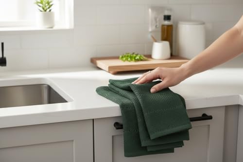Image of Dark Green Kitchen Hand Dish Towels, Set of 3, 100% Cotton, 18 inch x 28 inch
