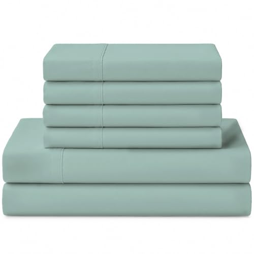 Image of Linen Home 100% Cotton Percale Sheets King Size, Pastel Turk, Deep Pocket, 6 Pieces Set- 1 Flat, 1 Fitted and 4 Pillowcases, Crisp Cool and Long Staple Strong Bed Linen