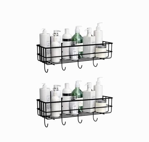 (Pack of 2) Steel Self-Adhesive Multipurpose Bathroom Shelf with Hooks/Towel Holder/Rack/Bathroom Accessories - Wall Mount - Pack of 2 (Black,Powder Coated)|TM-P7444