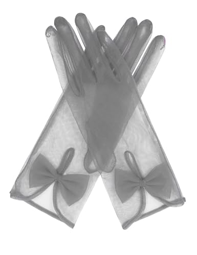 Womens Short Tea Party Gloves Tulle Gloves with Bowknot Mesh Glove Wedding Bridesmaids Evening Party Glove Grey