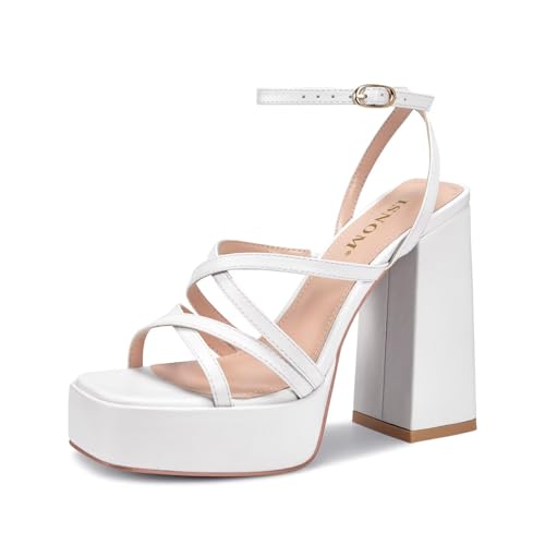 Image of ISNOM Platform Chunky Heels for Women, Block Heel Sandals with Open Square Toe and Ankle Strap