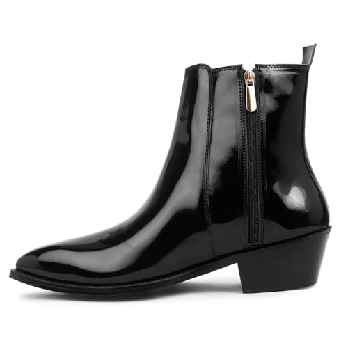 Image of LOZANO Italian Cut Black Patent Leather Chelsea Boots for Men | High Ankle Cuban Heel Square Toe Zip Closure Cushioned Insole Boot