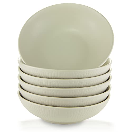 EZOWare Lot de 6 bols ronds peu profonds en grès avec motif tissé pour salade, soupe, pâtes, dessert - Kaki sable - 850 ml