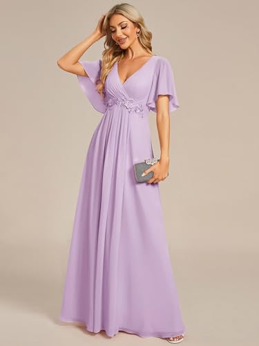 Image of Ever-Pretty Womens V Neck Applique Mother of the Bride Dresses Formal Dress | Chiffon, Short Sleeves, Ruched, A-Line, Bridesmaid Dresses, Formal Gown, Black Tie Dress