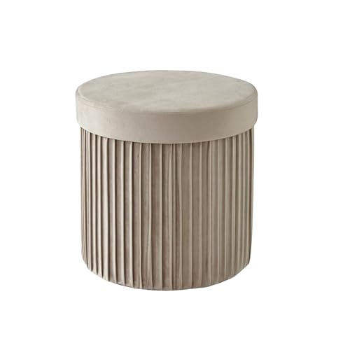 Relaxdays sammetspall, förvaringspuff, stoppad, vikbar, HxD: 38 x 38 cm, rund ottoman, beige
