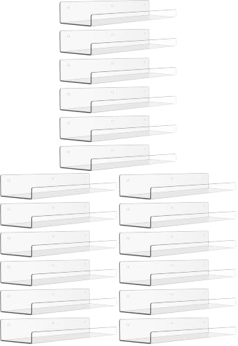 Image of upsimples 18 Pack Acrylic Shelves for Wall Storage, 15 inch x 4 inch Floating Bookshelves for Kids, Display Shelf Organizer for Bathroom, Bedroom, Living Room, Kitchen, Room Decor, Clear