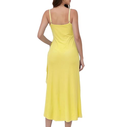 Image of Women's Spaghetti Strap Ruffle Side Split Long Dress Bodycon Beach Maxi Dresses