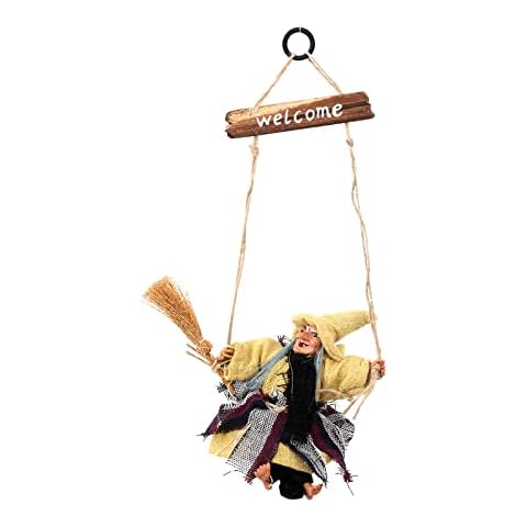 Halloween Hanging Witch Decoration, Witch on Broom with Welcome Wood Plaque for Haunted House Decor, Indoor Outdoor Halloween Home Party Ornament (Cream Yellow) Cover