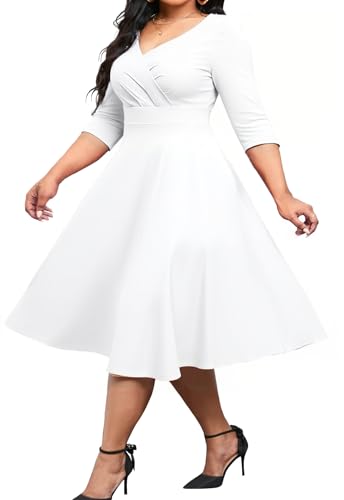 Image of Womens Plus Size Dresses Faux Wrap Summer Dress 3 /4 Sleeves V Neck 1950s Retro Vintage Wedding Party Midi Dress
