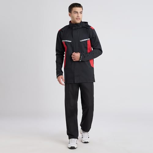 Image of ZEEL Raincoat with Adjustable Hood, Polyester Waterproof Full Sleeves, Backpack Friendly Pleate, Top and Bottom Set Rainwear, Front Zip with Snap Button Flap (EJS502, Black-Red, XXL)