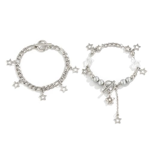 Zhang shine Y2k Bracelet for Women Imitation Pearl Beaded Star Silver Plated Chain Charm Aesthetic Grunge Jewelry, One Size, Alloy, no gemstone