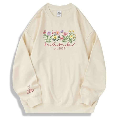 Personalized Floral Embroidered Mama Sweatshirt, Custom Gift for Mom, Elegant Spring Flower Mom Sweater, Floral Mama Crewneck Pullover Multi