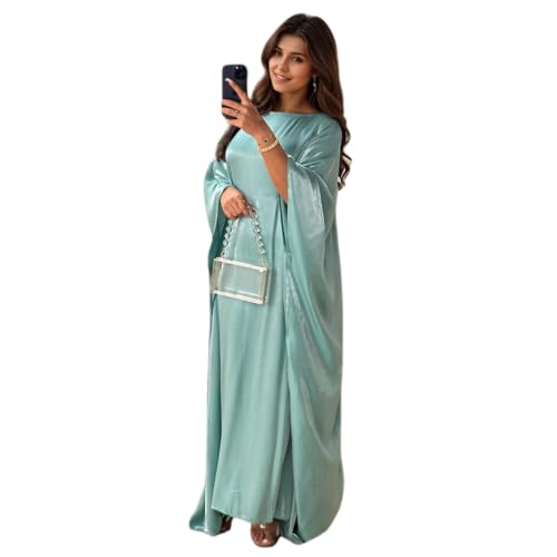 Image of Women Abaya Dress Ramadan Eid Summer Satin Islam Muslim Batwing Sleeve Maxi Dress Kaftan Robe Ramadan Clothes