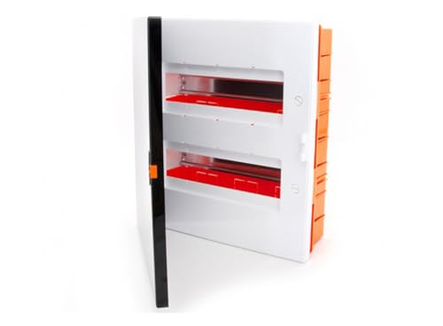 Caja de distribución empotrada para 24 elementos, con diseño compacto; ideal para instalar en espacios reducidos y gestionar circuitos eléctricos.