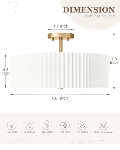 Image of Gold Semi Flush Mount Ceiling Lights, 4-Light 18 inch Ceiling Light Fixture with White Pleated Fabric Shade, Drum Lamp for Nursery Hallway Bedroom Kitchen, AD-25036-4SF-GD