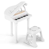 GYMAX 31 Keys Kids Piano and Stool, Electronic Keyboard Children Grand Piano with Microphone, LED Teaching Mode & Record Playback, Musical Instrument Educational Toy for Age 3+ Year Old (White)