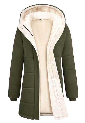 CMTOP Blouson Femme Hiver Polaire Chaude Veste Hydrofuge Coupe-Vent Manteau Long à Capuche Peluche Thermique Matelassée Manteaux Zippé Elegant Parka Outercoat avec Poches(Vert Militaire,L)