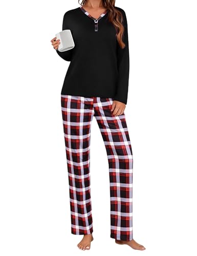 Uniexcosm Pijamas Mujer de Algodon Conjunto de Mujers Largo de 2 Piezas Dormir de Manga Larga Pijama Estampado en Cuello en V Casual Ropa de Casa B:Azul Negro XXL