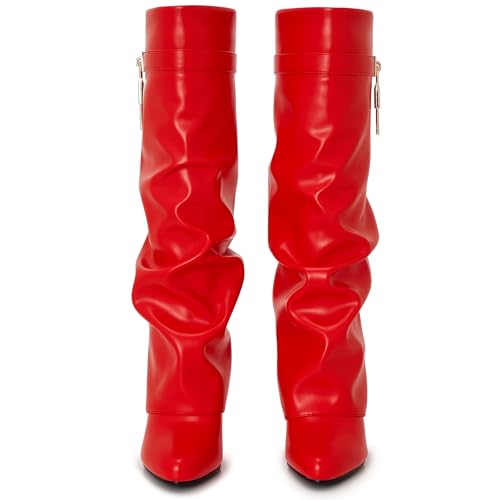 Image of Fold Over Boots for Women Pointy Pull-on Wedge Heel Knee Shark Boot With Side Zipper Padlock Design