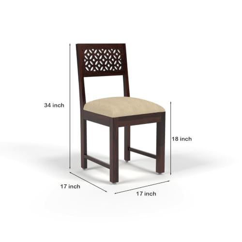 Image of Solid Sheesham Wood Dining CNC Chair for Living Room & Dining Room | Wooden Chair with Upholstered Cushion Seat | Handcrafted Carved Backrest | Walnut Finish (Set of 4)