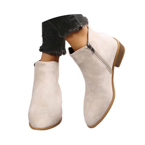 MEECHI Ankle Boots Damen Chelsea Kurze Stiefel Mit Blockabsatz Vintage Wildleder Spitz Stiefeletten Herbst Winter Warme Booties Für Booties Freizeit Knöchel Schuhe Mit Reißverschluss(Beige,39 EU)