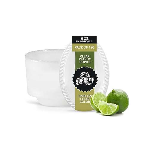 Supreme Select BE21023-3 Clear Disposable Plastic Bowls [Pack Of 120 | 8 Oz Oval Bowls] Microwave Safe Disposable Bowls- Sturdy Rimmed Soup/Salad/Dessert/Ice Cream Bowls cover