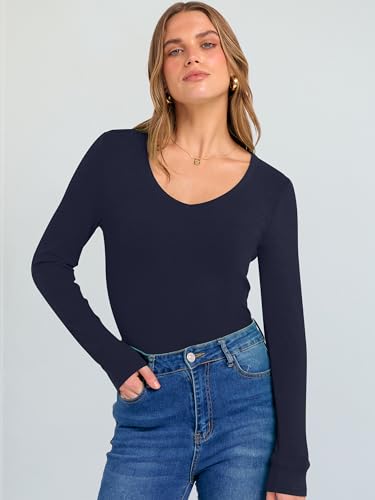 Image of ANRABESS Long Sleeve V Neck Shirts for Women | Soft Comfy Ribbed Knit Fitted Tshirts, Casual Going Out Tops, 2026 Trendy Basic, Fall Winter Underscrub Layering Clothes