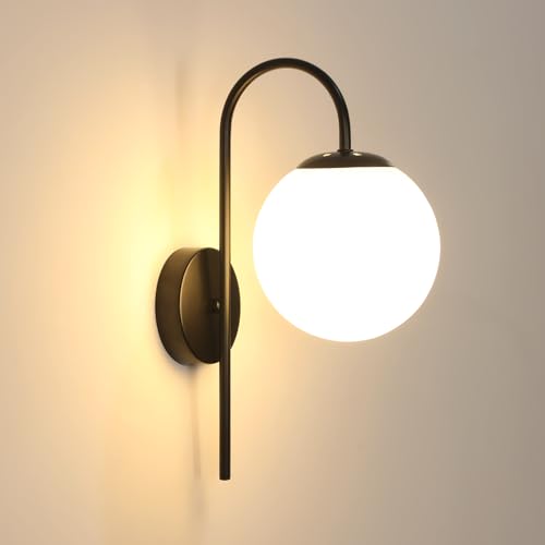 DELIPOP Applique Murale Intérieure Vintage, E27 Moderne Lampe Murale Boule Abat-jour en Verre, Noir Lumiere Murale pour Chambre Salon Cuisine Couloir Café