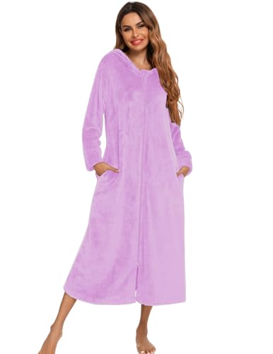Veseacky Women's Long Sleeve Zip Flannel Hooded Loose Fit Warm Robe Light Purple L