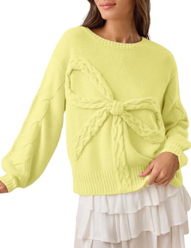 Esmeling Women Oversize Front Bow Sweater Crew Neck Long Sleeves Knitwear Trendy Fall Pullover Sweater