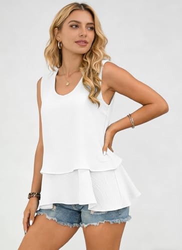 Image of Summer Tops for Women Flowy Chiffon Sleeveless Blouses White Tank Top Woman Ladies Crewneck Double Layers Strap Shirt