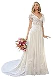 Bohemian Wedding Dresses 2025 for Women Lace Applique Deep V Neck A Line Chiffon Wedding Gown with Train Ivory Us2