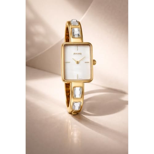 Image of Sonata Aura 2.0 Quartz White Dial Gold Stainless Steel Strap Analog Watch for Women - 87096YM01W